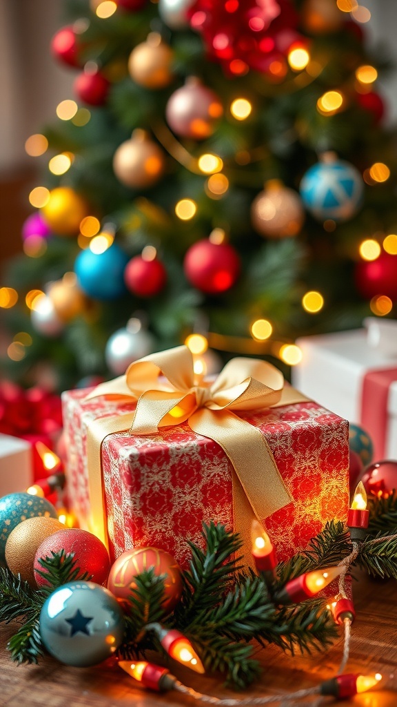 A wrapped gift box with ornaments and a Christmas tree in the background, creating a festive holiday atmosphere.